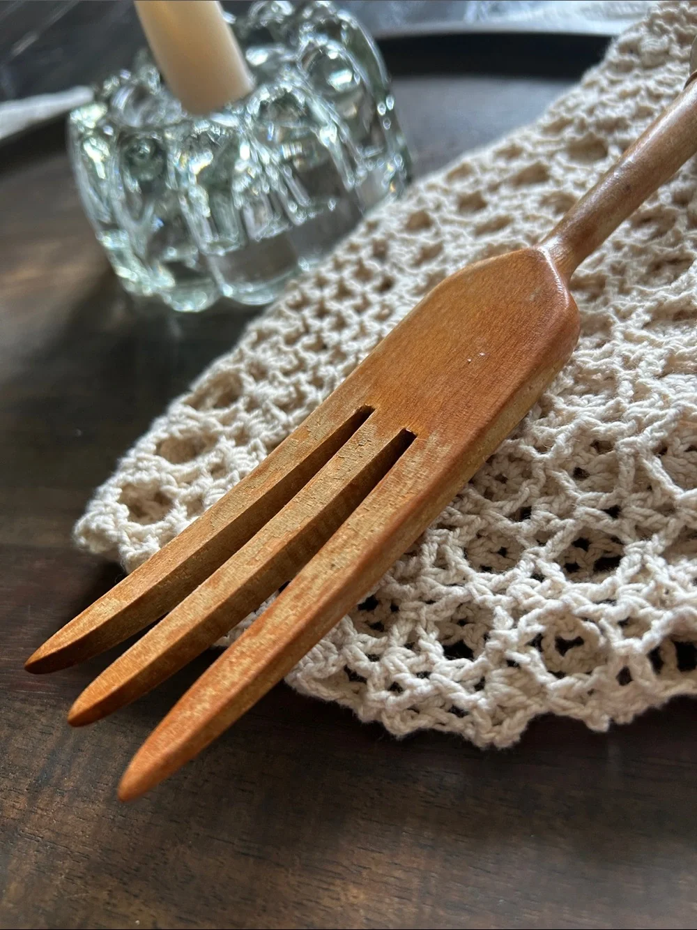 Vintage Dutch Blue Delft Wooden Serving Fork with Ceramic Handle
